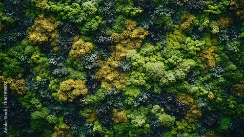 A close-up of a moss wall with various shades of green and yellow moss. The moss creates a beautiful and organic pattern.