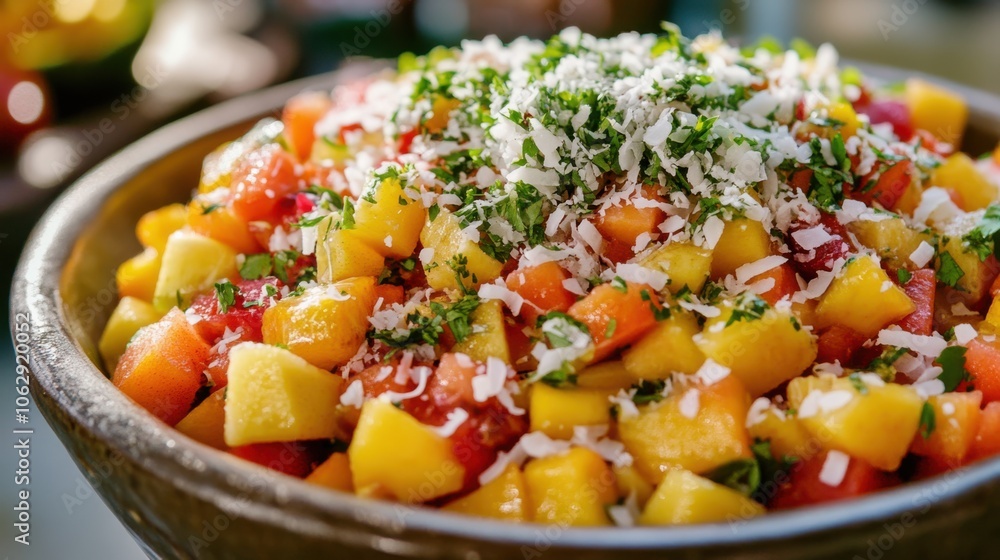 A lively fruit salad topped with a sprinkle of lime zest and shredded A lively fruit salad topped with a sprinkle of lime zest and shredded