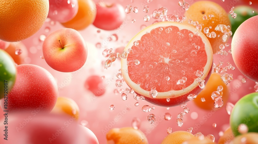 A cascade of fresh oranges and apples, vibrant colorful fruit display suspended in midair A cascade of fresh oranges and apples, vibrant colorful fruit display suspended in midair