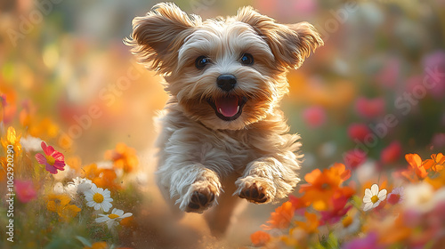 Playful Puppy Running Around in a Colorful Garden Surrounded by Blooming Flowers 