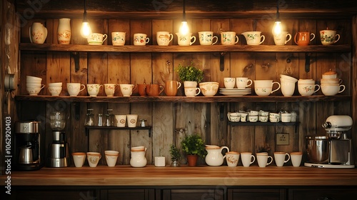 Wallpaper Mural Vintage kitchen corner illuminated by warm Edison bulbs, displaying a collection of antique cups on wooden shelves, with neatly arranged vintage utensils adding charm and nostalgia. --ar 16:9 Torontodigital.ca