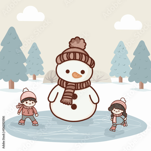Cartoon snowman and two children, a boy and a girl, skating on ice. Winter Joys. The scene is fun and playful.