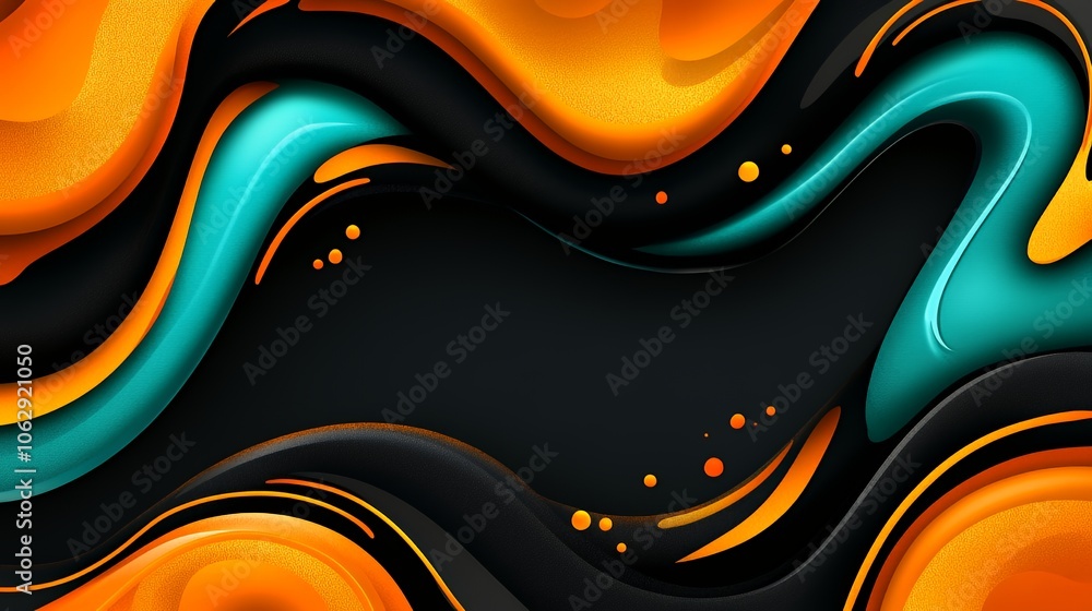 Abstract background with orange, teal, and black wavy shapes. Abstract background with orange, teal, and black wavy shapes.