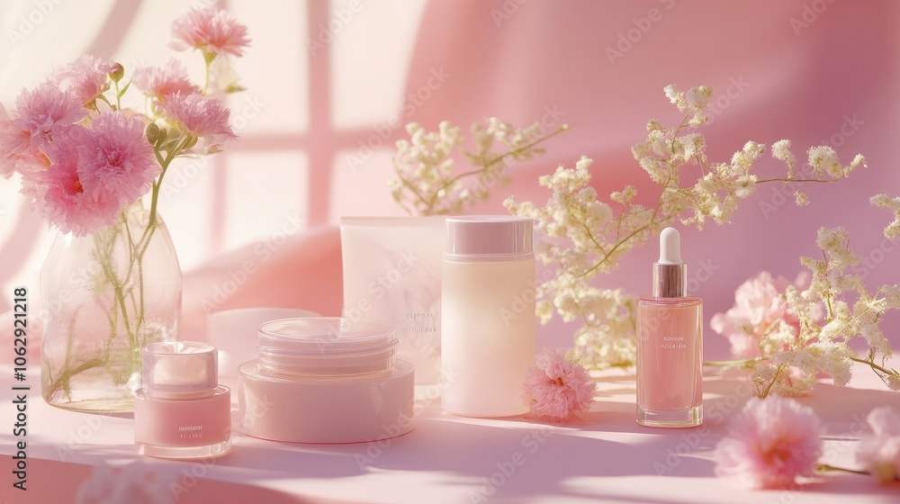 Soft Pink Floral Still Life with Skincare Products Soft Pink Floral Still Life with Skincare Products