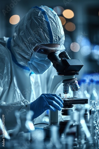 Scientist in protective suit conducts nanotechnology and virus research in cleanroom lab