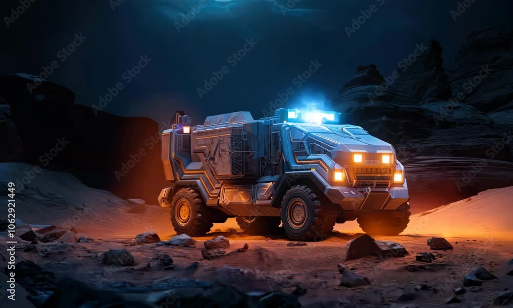 Futuristic armored vehicle in a dramatic landscape at night Futuristic armored vehicle in a dramatic landscape at night