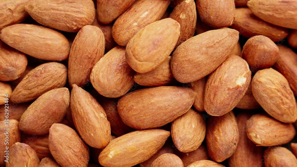 Rotating almonds. View from above. Healthy vegan food concept. Group of peeled almonds. Harvest of nutrient rich snack. Top view. Close-up in 4K, UHD Rotating almonds. View from above. Healthy vegan food concept. Group of peeled almonds. Harvest of nutrient rich snack. Top view. Close-up in 4K, UHD