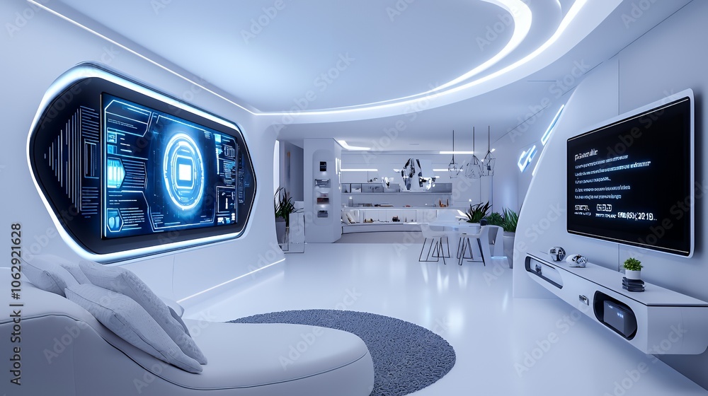 Futuristic living room with sleek white furniture and a large screen displaying a digital interface. Futuristic living room with sleek white furniture and a large screen displaying a digital interface.