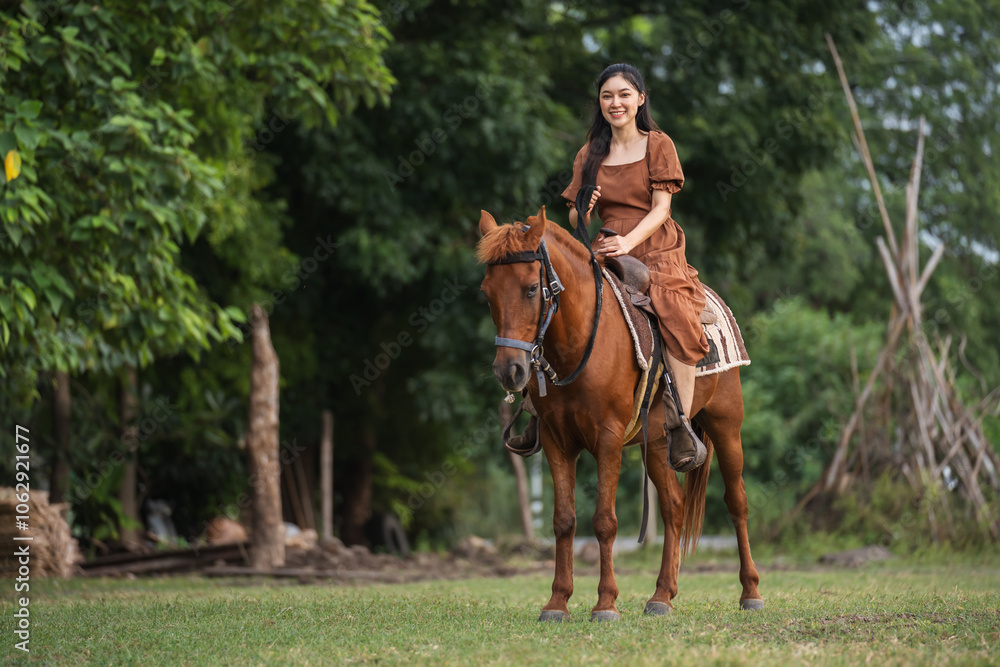 happy woman riding horse on meadow field happy woman riding horse on meadow field