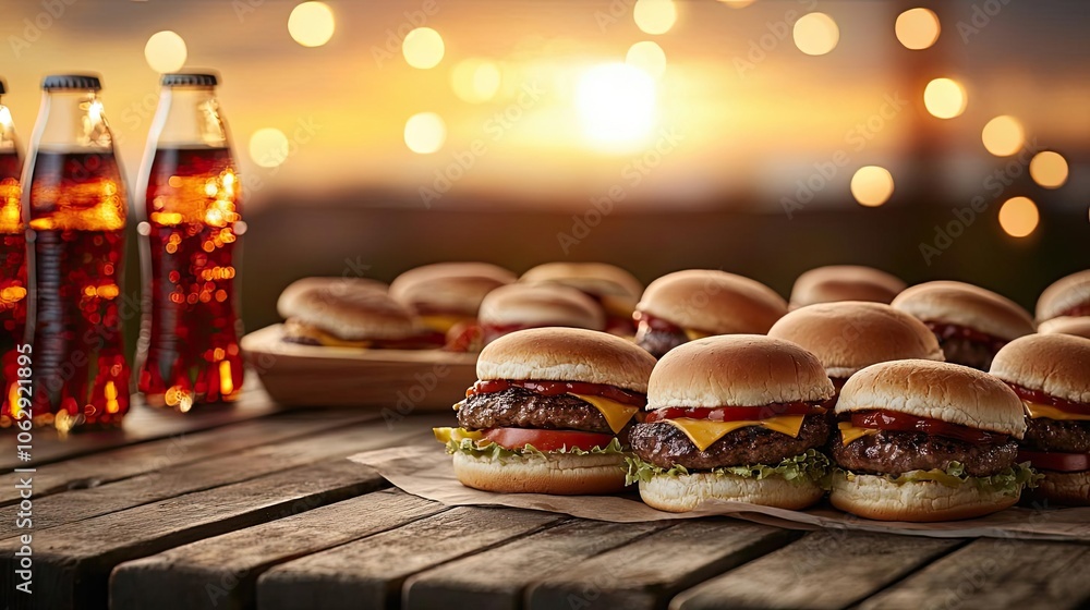 Delicious burgers and soda on a wooden table at sunset. Delicious burgers and soda on a wooden table at sunset.