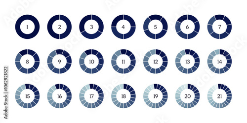 Circular diagram with segments and numbers. Wheel division into fractions, circular shape sectors. Vector infographic