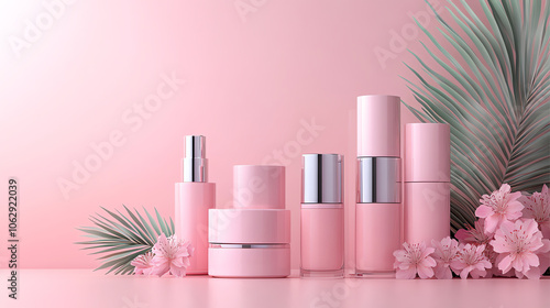 Pink Cosmetic Products with Floral and Tropical Leaf Background