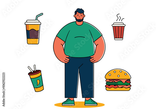 A fat man is thinking about fast food and delicious desserts. Hand drawn style vector design illustrations.
