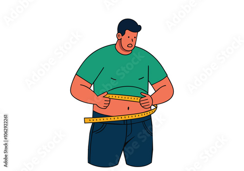 A fat man is measuring his waist with a tape measure. Hand drawn style vector design illustrations.
