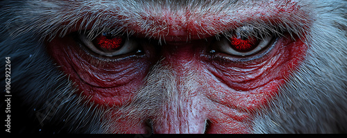 Intense close-up of a Japanese snow monkey's red face with piercing eyes, capturing every detail of its fur and skin texture photo