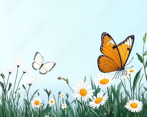 Sunlit summer meadow with butterflies, bright and cheerful