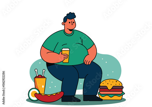 A fat man is thinking about fast food and delicious desserts. Hand drawn style vector design illustrations.
