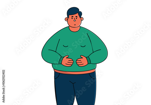 A fat man is thinking about fast food and delicious desserts. Hand drawn style vector design illustrations.
