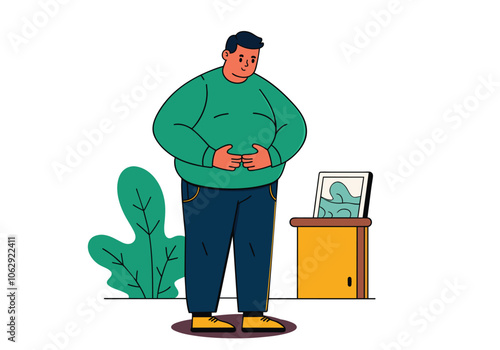 A fat man is thinking about fast food and delicious desserts. Hand drawn style vector design illustrations.
