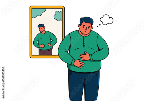 A fat man is thinking about fast food and delicious desserts. Hand drawn style vector design illustrations.
