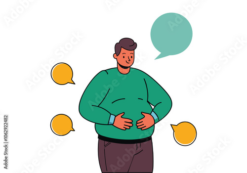 A fat man is thinking about fast food and delicious desserts. Hand drawn style vector design illustrations.
