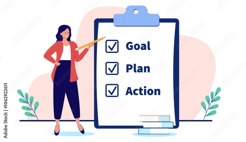 Fototapeta premium Business strategy plan - Businesswoman with checklist on clipboard working, planning project progress and making plans while smiling. Flat design vector stock illustration with white background