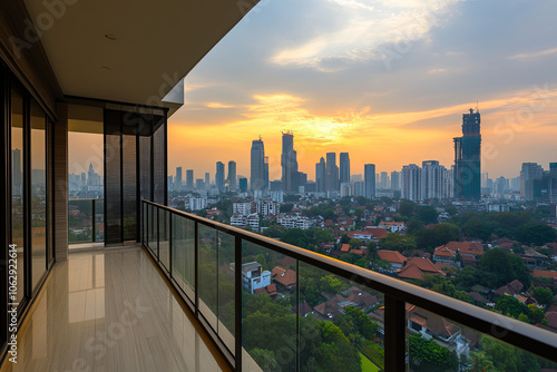 View of a city skyline from the balcony of a luxury apartment