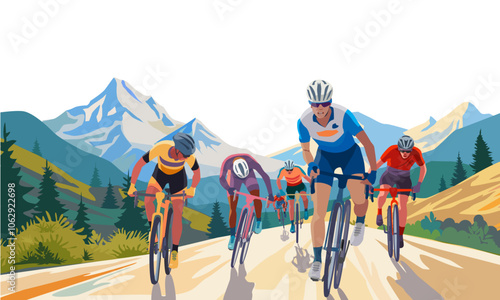 Bicycle race in nature. Bicycle athletes climbing uphill, mountain landscape in the background vector illustration photo