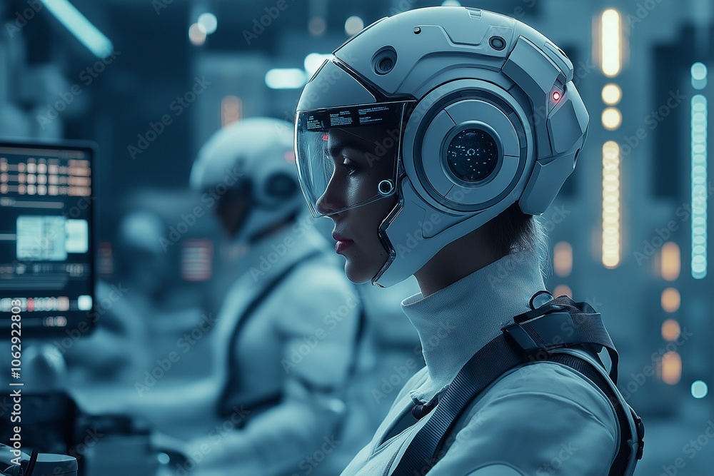 A female robotics engineer is focused on testing a humanoid robot in a cutting-edge lab. She wears AR glasses and a tool belt, surrounded by industrial robots in a clean environment A female robotics engineer is focused on testing a humanoid robot in a cutting-edge lab. She wears AR glasses and a tool belt, surrounded by industrial robots in a clean environment