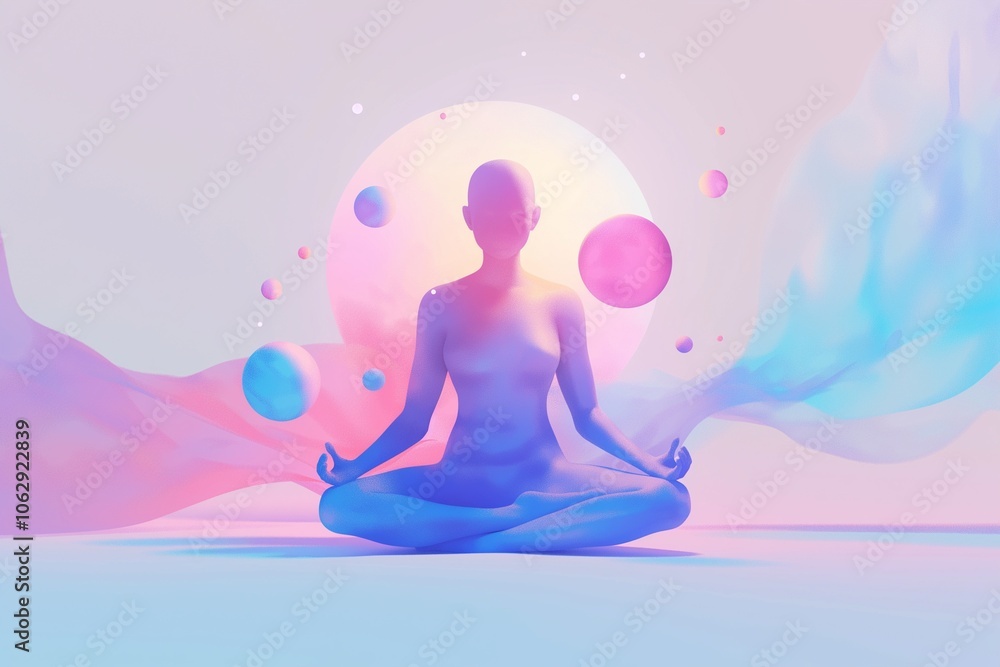 Serene meditation figure surrounded by colorful floating abstract spheres Serene meditation figure surrounded by colorful floating abstract spheres