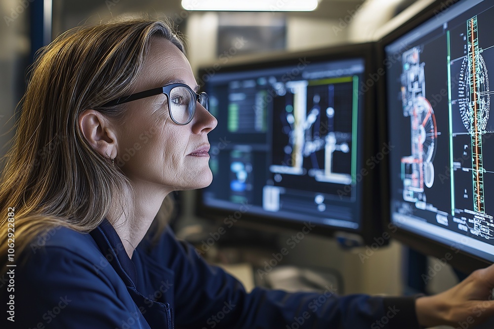 A woman works diligently on updating plasma containment algorithms in a fusion reactor control room, surrounded by advanced displays showing vital metrics and magnetic visualizations A woman works diligently on updating plasma containment algorithms in a fusion reactor control room, surrounded by advanced displays showing vital metrics and magnetic visualizations