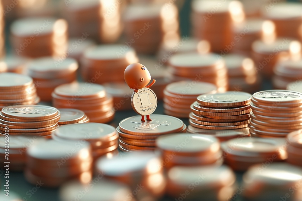 Small character surrounded by stacks of shiny copper coins Small character surrounded by stacks of shiny copper coins