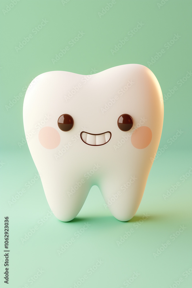 Smiling cartoon tooth character with blush against green background Smiling cartoon tooth character with blush against green background