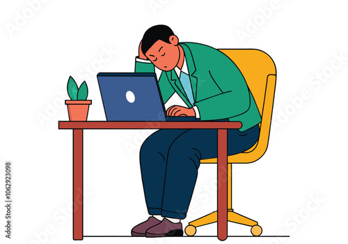 A businessman is taking a nap at his desk. He looks tired and bored. Hand drawn style vector design illustrations.
