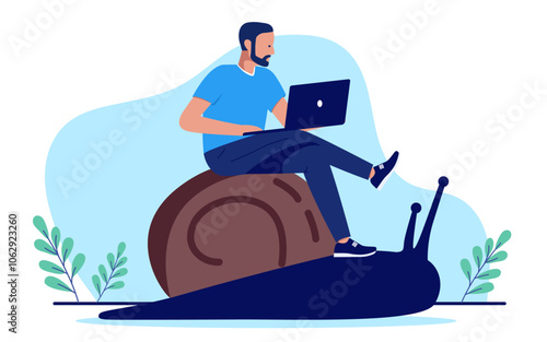 Working slow - Man person with laptop computer doing boring work slowly and not moving forward in project, feeling lack of or no progress, almost standing still. Flat design vector illustration