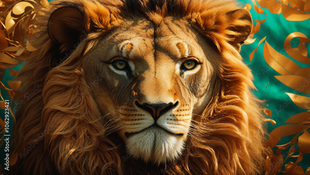 Fototapeta premium A lion with golden-brown fur, looking directly at the viewer. Teal and gold patterned background.