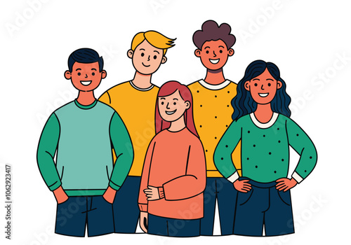 A group of teenage girls and boys are standing and taking a group photo. Everyone is smiling and happy. Hand drawn style vector design illustrations.
