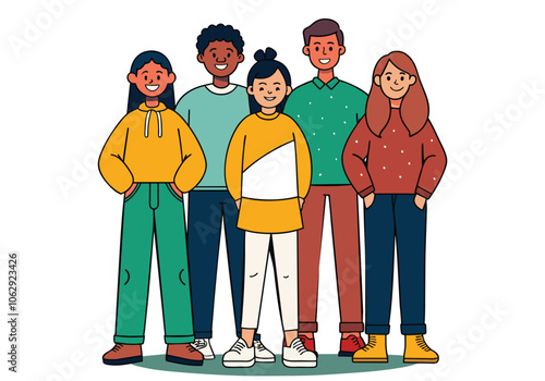 A group of teenage girls and boys are standing and taking a group photo. Everyone is smiling and happy. Hand drawn style vector design illustrations.
