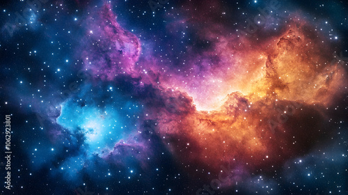 A vibrant nebula with swirling gas clouds and stars in the night sky.