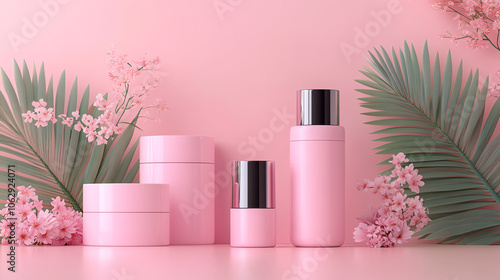 Pink Cosmetic Products with Floral and Tropical Leaf Background