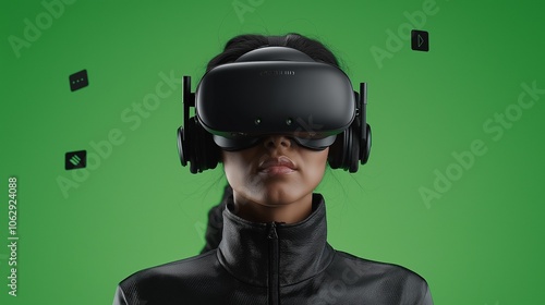 A female ARVR developer is engaged in testing a mixed reality application while wearing a virtual reality headset in a modern green screen studio photo