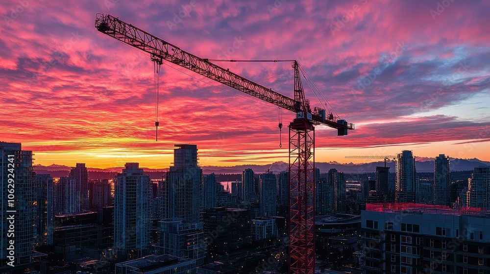 Massive red construction crane with extended boom, set against a dramatic sunrise, highlighting progress in the cityscape Massive red construction crane with extended boom, set against a dramatic sunrise, highlighting progress in the cityscape