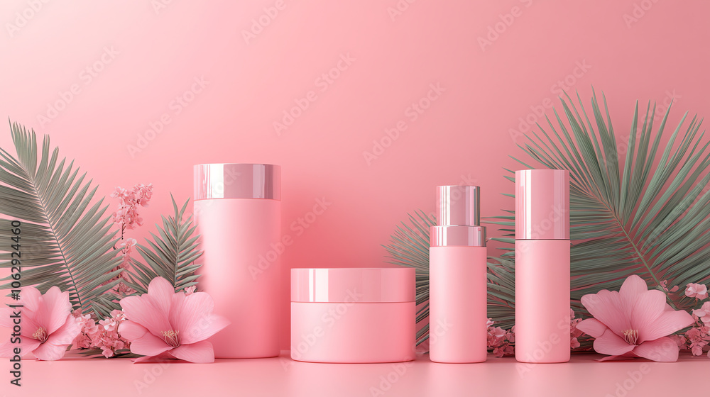 Pink Cosmetic Products with Floral and Tropical Leaf Background Pink Cosmetic Products with Floral and Tropical Leaf Background