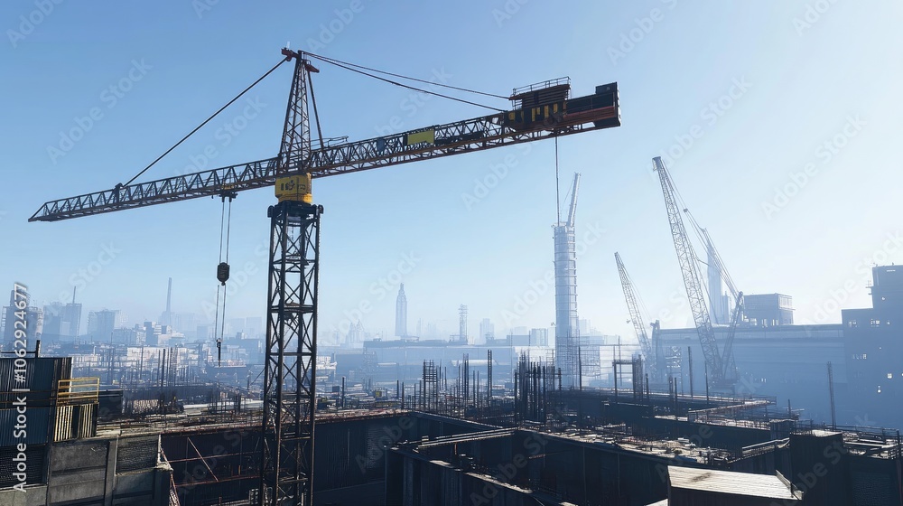 Tower crane lifting a steel frame into place, with cranes and city buildings in the distance, under a clear sky Tower crane lifting a steel frame into place, with cranes and city buildings in the distance, under a clear sky