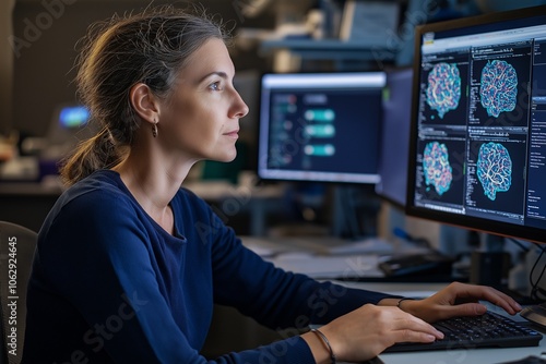 A woman is engaged in testing neural implant firmware, examining holographic brain activity maps and diagnostic software in a modern neurotechnology laboratory photo