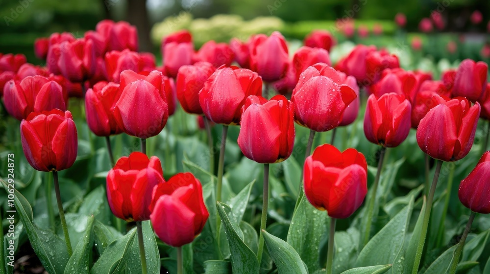 Vibrant Red Tulips in Bloom with Morning Dew Vibrant Red Tulips in Bloom with Morning Dew