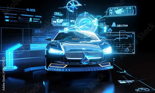 Futuristic blue car with digital interfaces showcasing automotive technology and innovation
