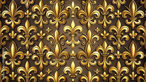 Abstract vintage wallpaper with intricate golden pattern fleur-de-lis on brown background photo