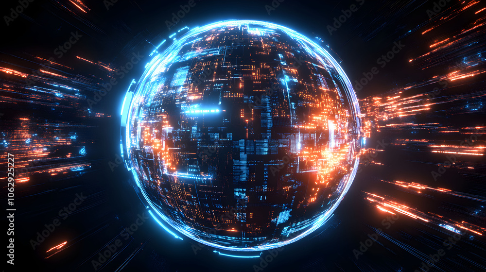 Obraz premium A futuristic scene features a large translucent sphere with blue and orange energy, containing a complex network of glowing lines and advanced technology.