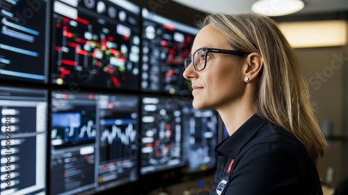 A focused woman works as a DevOps engineer, closely monitoring the deployment process from a wall of dashboards in a contemporary operations center during a busy workday Free Download A focused woman works as a DevOps engineer, closely monitoring the deployment process from a wall of dashboards in a contemporary operations center during a busy workday - GFXLoad